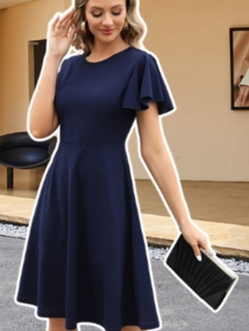 Navy Dress with Flutter Sleeves